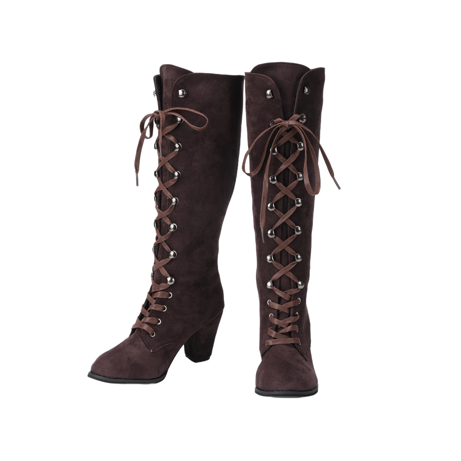 Botas medievales victorianas hasta la rodilla para mujer, gamuza gótica, tacón grueso con cordones, zapatos de media pantorrilla, disfraz de Cosplay