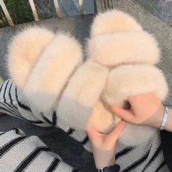 Black Beige Mink Fur double thick Strap Flat Slipper Peep Toe Women Skidproof sole Outfit comfortable Fur sandalias Shoes