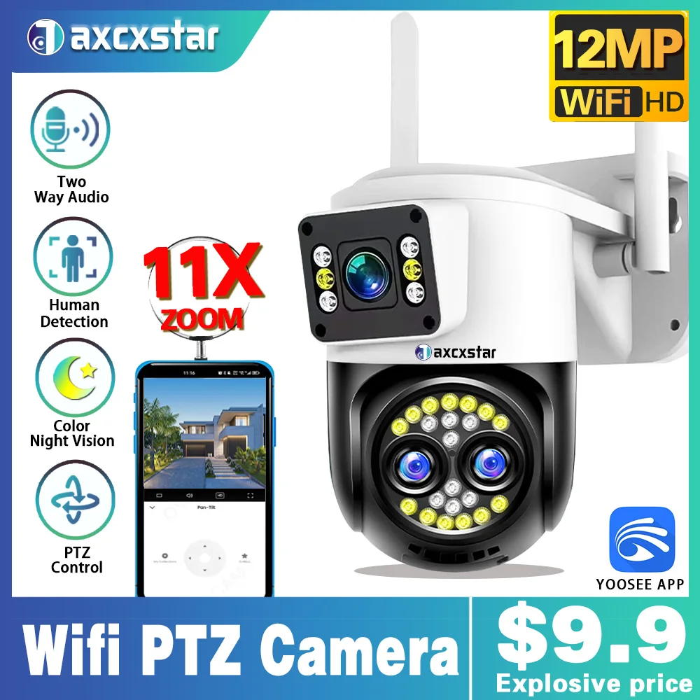 

12MP 6K 11X PTZ Zoom WiFi IP Camera Three Lens Wireless Outdoor Samrt Home Security Protection Tracking CCTV Video Surveillance