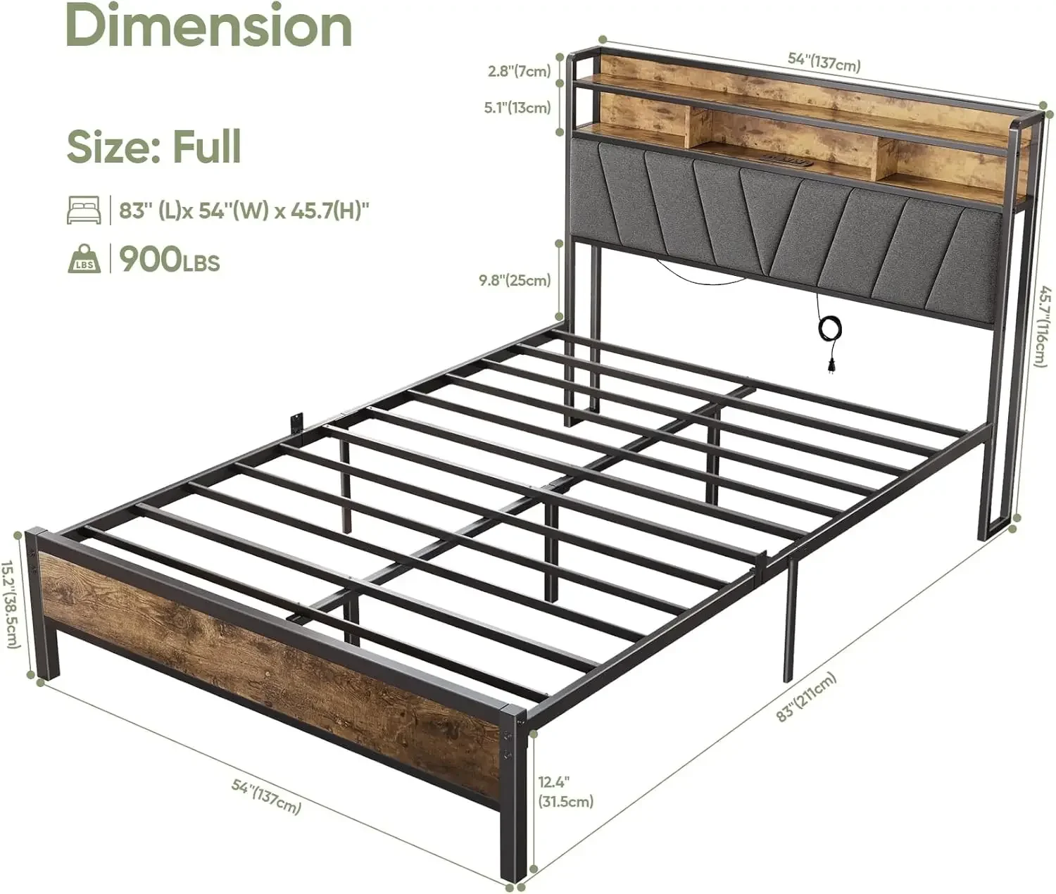 Bed Frames, Metal Bed Frames with Charging Station, LED Lights Bed Frames with Upholstered Storage Headboard, Sturdy and Noise-F