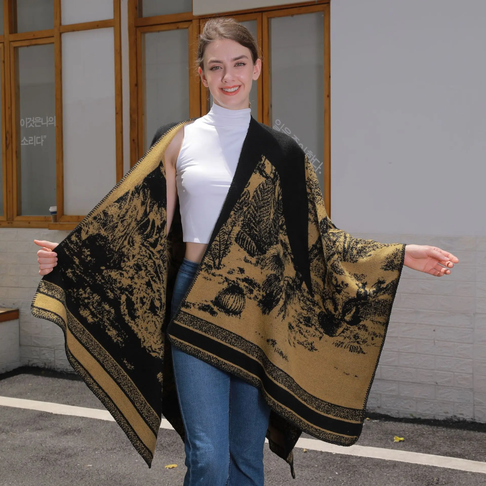 7 Colors Autumn Winter Warm Double Side Blanket Faux Cashmere Women Printed Jungle Slit Cape Bat Type Knitted Poncho Cloak