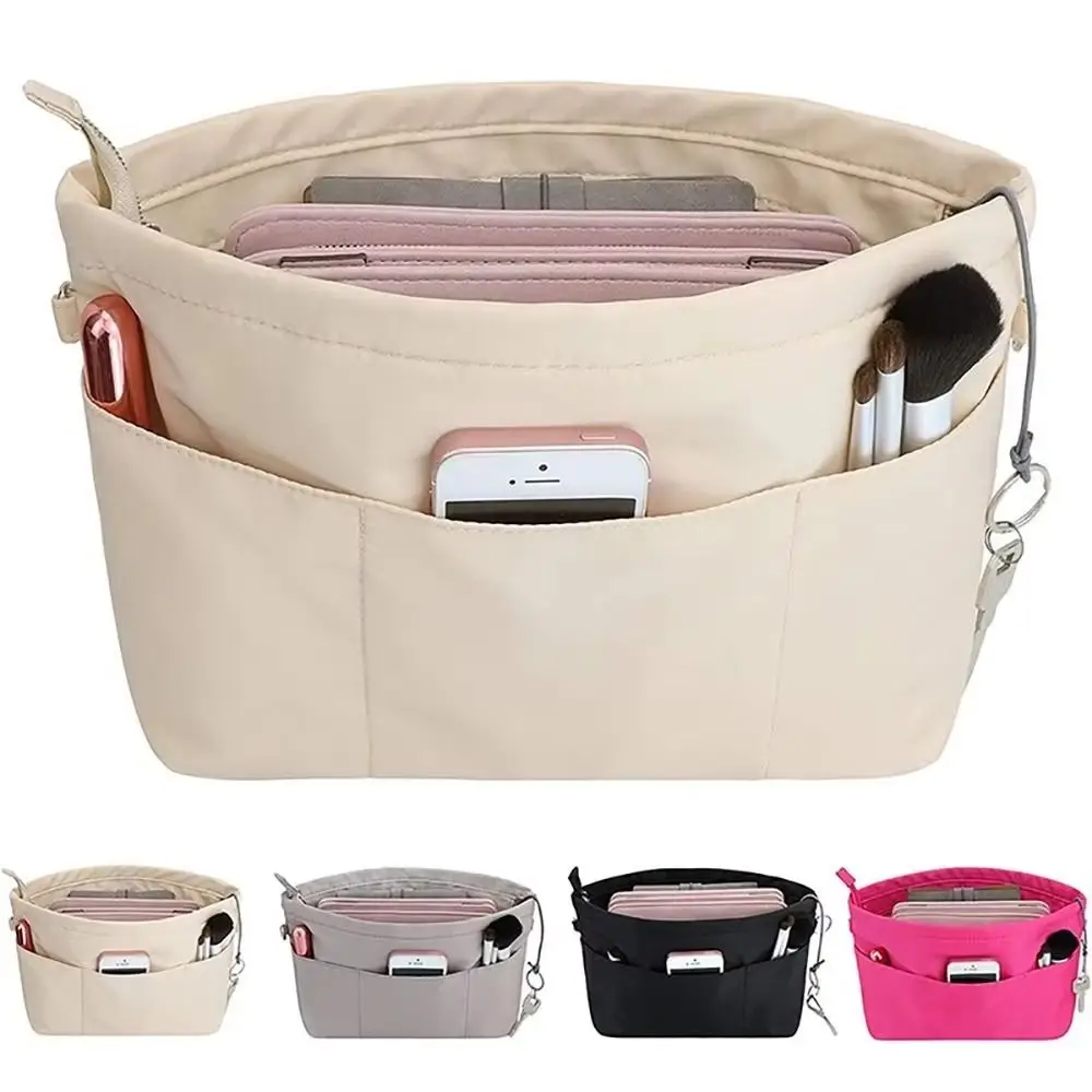Cosmetic Organizer Insert Bag with Zipper Storage Bags Multi-Pocket Handbag Solid Color Multifunctional Inner Bag