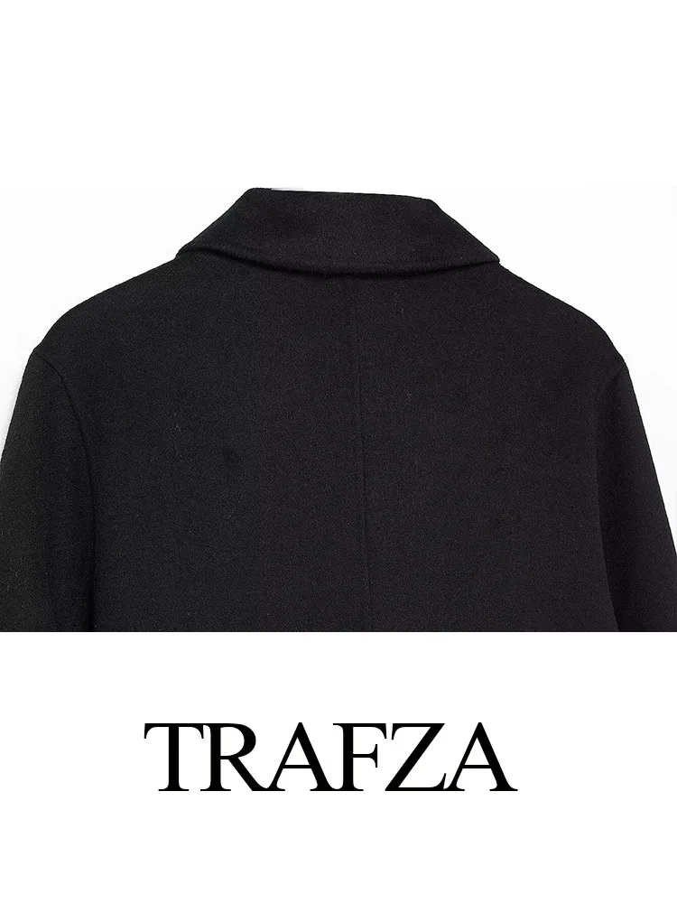 TRAFZA, abrigos largos de invierno para mujer, moda negra, cuello vuelto, mangas largas, bolsillos, doble botonadura, abrigos sueltos informales para mujer