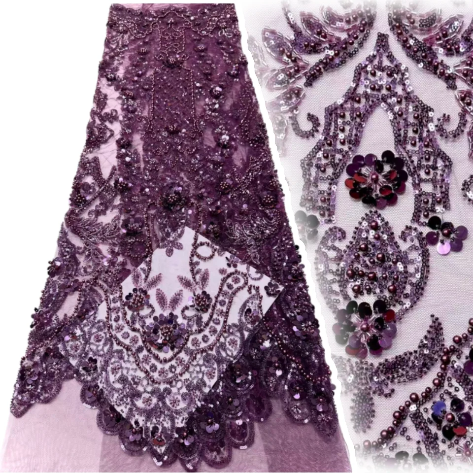 

Purple Lace Fabric 2025 High Quality Nigerian Sequins Beads Lace Fabric French Laces Fabrics for Party Dress Sew 5 Yards Ah1733