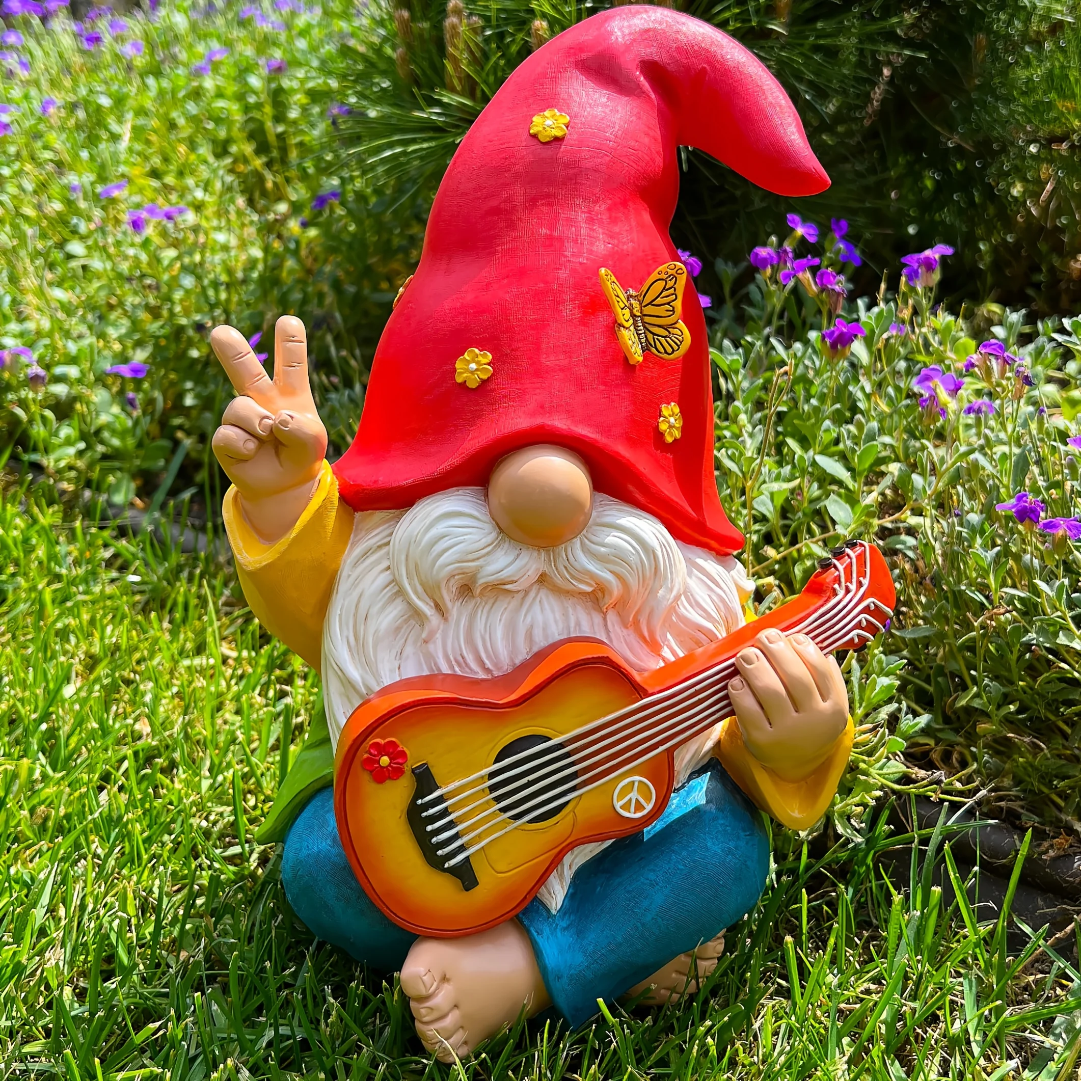 1Pc Guitar Hippie Garden Gnome Statue Funny Lawn Ornament Indoor Outdoor Decor
