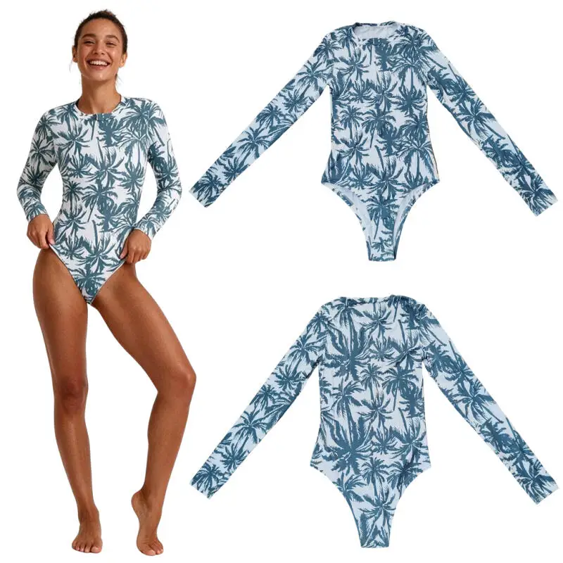 Women Blue Palm Tree Print One Piece Swimsuit Long Sleeve Zip Front High Cut Surfing Diving Bodysuit Water Sports Bathing Suit