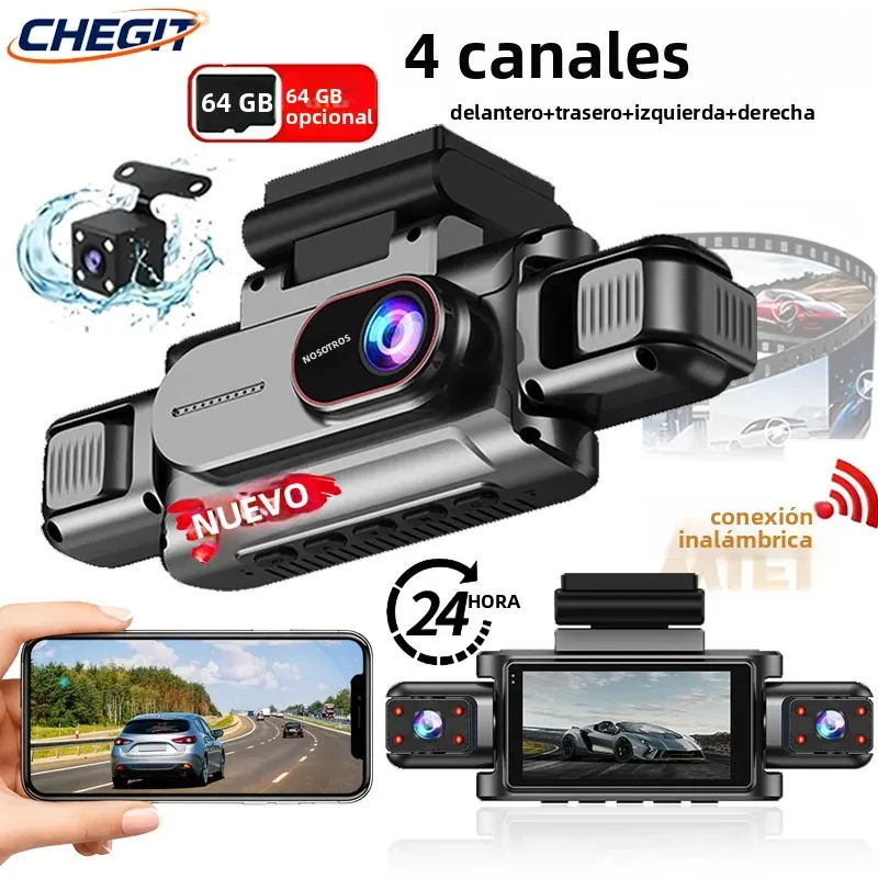 Cámara de salpicadero WiFi 1080P 360 °   Cámara de grabación para coche con lente 3/4, DVR para coche, cámara de visión trasera delantera izquierda y derecha para seguridad del vehículo
