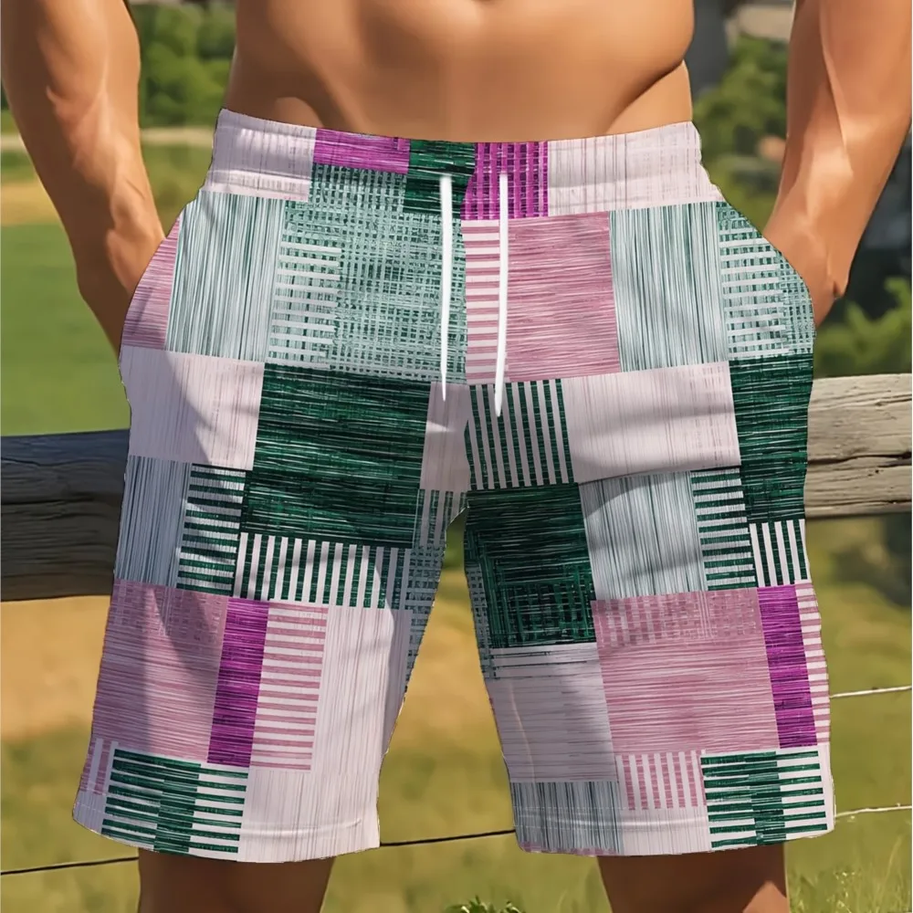 2026 Summer New Men's Color Blocked Printed Casual Outdoor Sports Breathable Quick Drying Beach Mesh Shorts