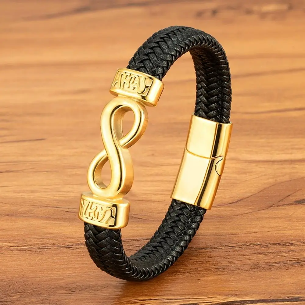 XQNI Leather Bracelet Infinity Design Special Popular Pattern Men's Bracelet for Men Stainless Steel Clasp Jewelry Gift