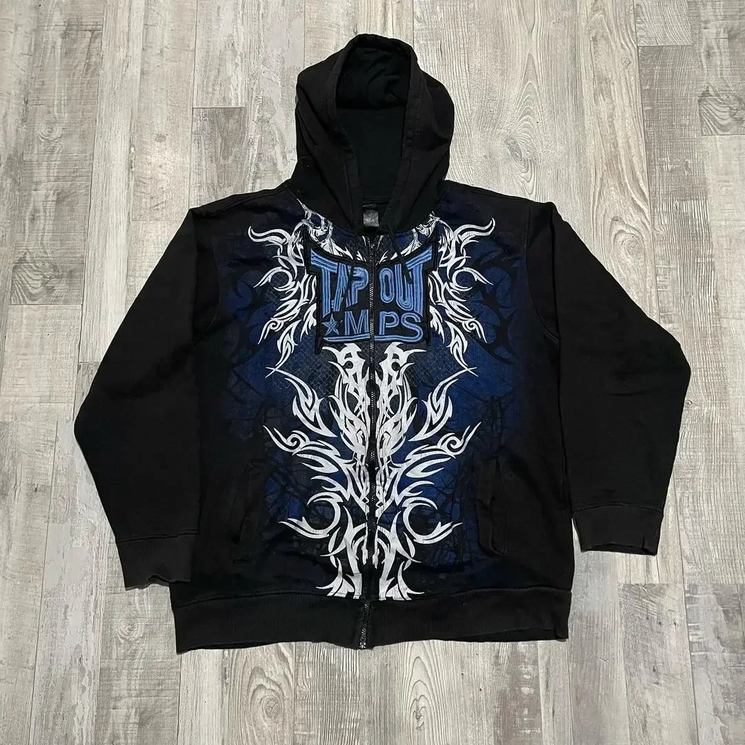 European and American Y2k hip-hop goth tapout trendy printed zipper hoodie retro loose long-sleeved streetwear for men and women