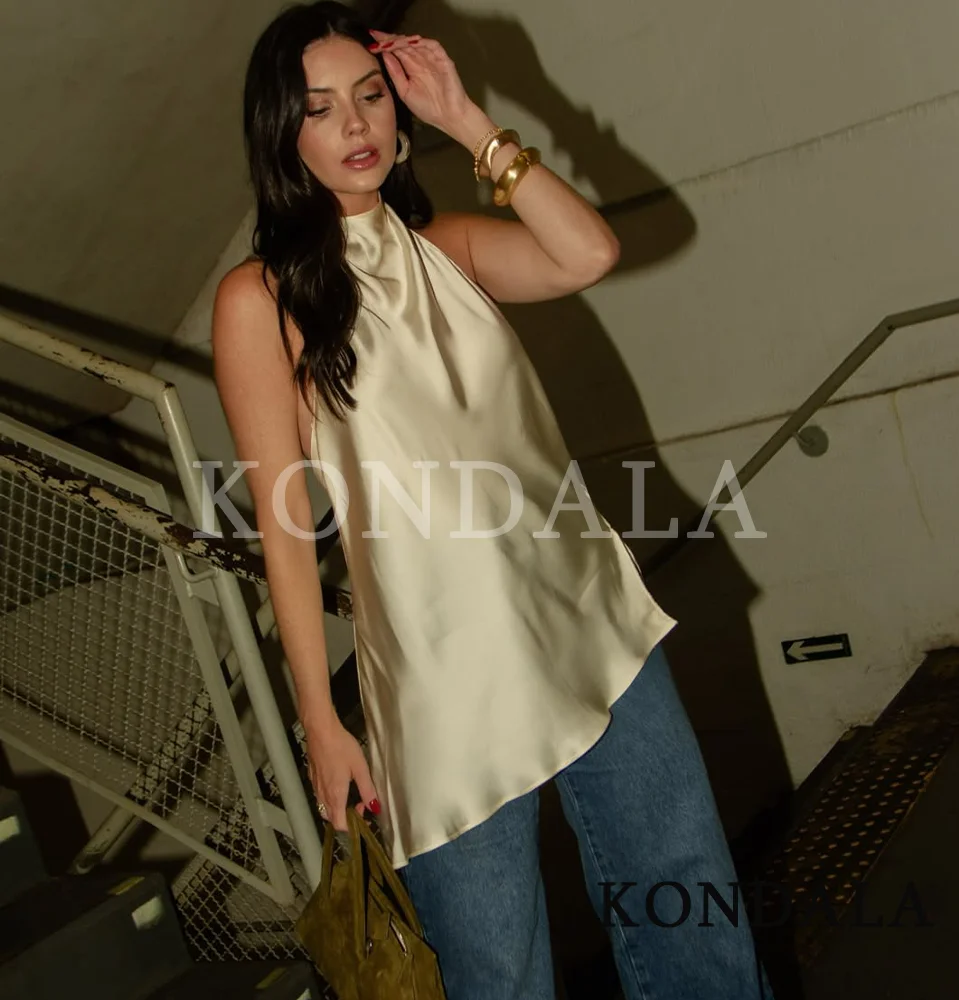 KONDALA Trendy Elegante Raso Halter Top Donna Chic Sexy Cena Backless Top 2026 Primavera Estate Moda High Street Holiday Top