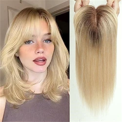 Ombre Blonde Hair Toppers for Women 100% Remy Human Hair Topper with Bang Silk Base Clip in Topper Hair Extension with thin hair