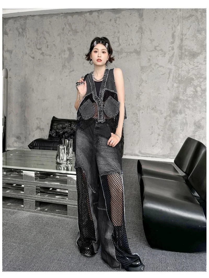 Grid Splicing V-neck Denim Vest Women's Summer European Goods Explosive Street Fashion Brand Loose Short Sleeveless Vest Jacket