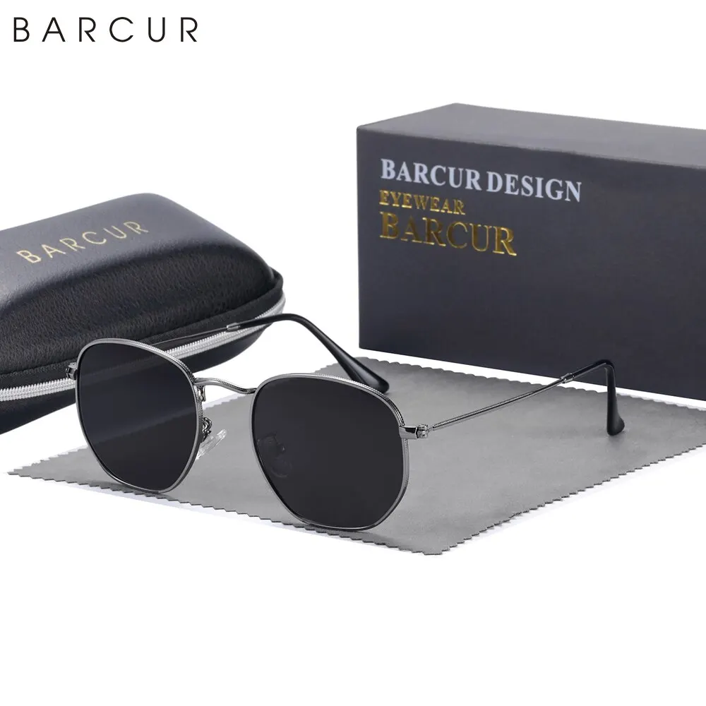 BARCUR Classic Retro Small Square Sunglasses Man Hexagon Sun Glasse Metal Frame Eyewear With Box Oculos De Sol Gafas