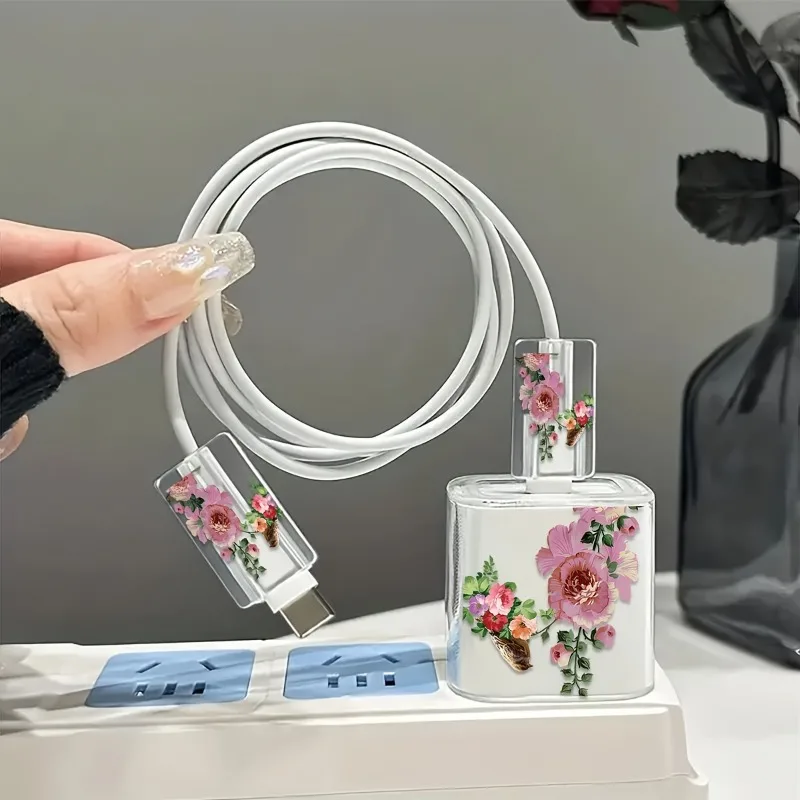 Прозрачный защитный чехол с цветочным птицей из 3 предметов для iPhone, кабеля из ТПУ и защитный чехол для зарядного устройства с совместимостью 18 Вт/20 Вт