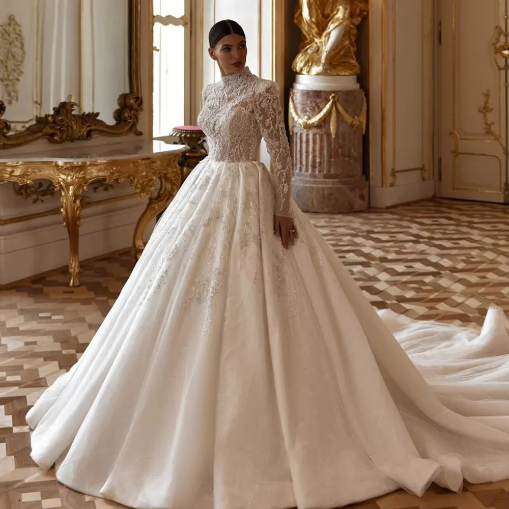 Luxury High Neck Long Sleeve Ball Gown Wedding Dress Beaded Lace Appliques Cathedral Train Corset Back Custom Size Bridal Gown