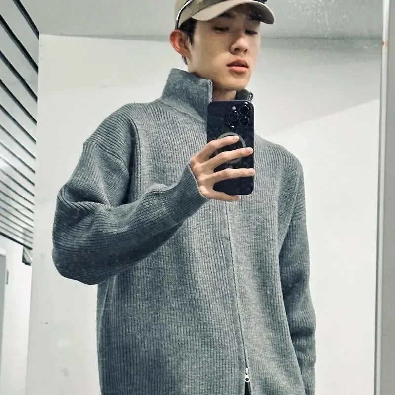 

Мужской утепленный вязаный кардиган на молнии с высоким воротником, осенне-зимний, больших размеров, модная верхняя одежда из полиэфирного волокна, длинный рукав