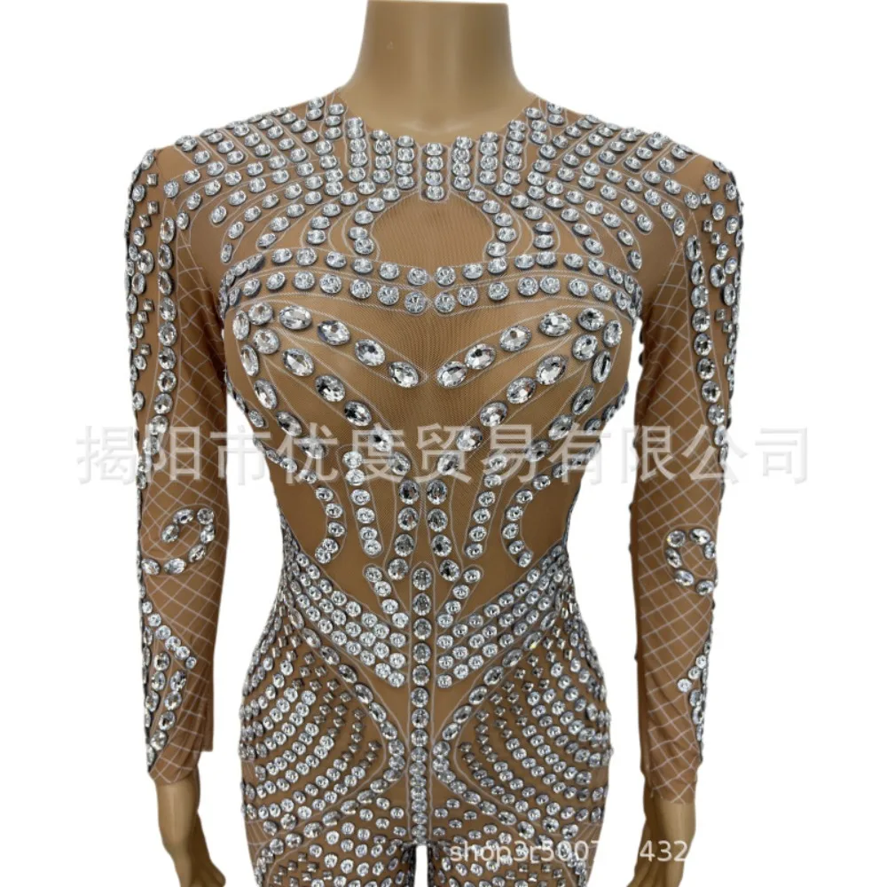 Grid Design Langarm einteiliges Strass Wind Sängerin DJ Empfang Nacht Party Performance Anzug Spinne Slinky Kleider