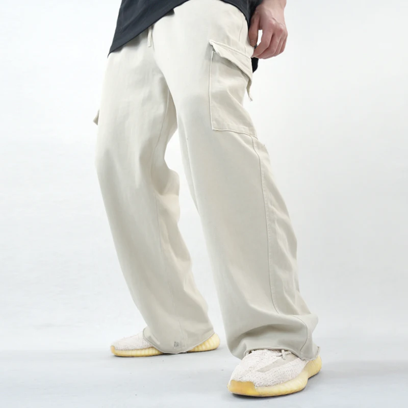 High Street Baggy Casual Cotton Beige Full Length Trousers Sweatpants Wide Leg Jogging Pants Wide Pants Male with Pocket