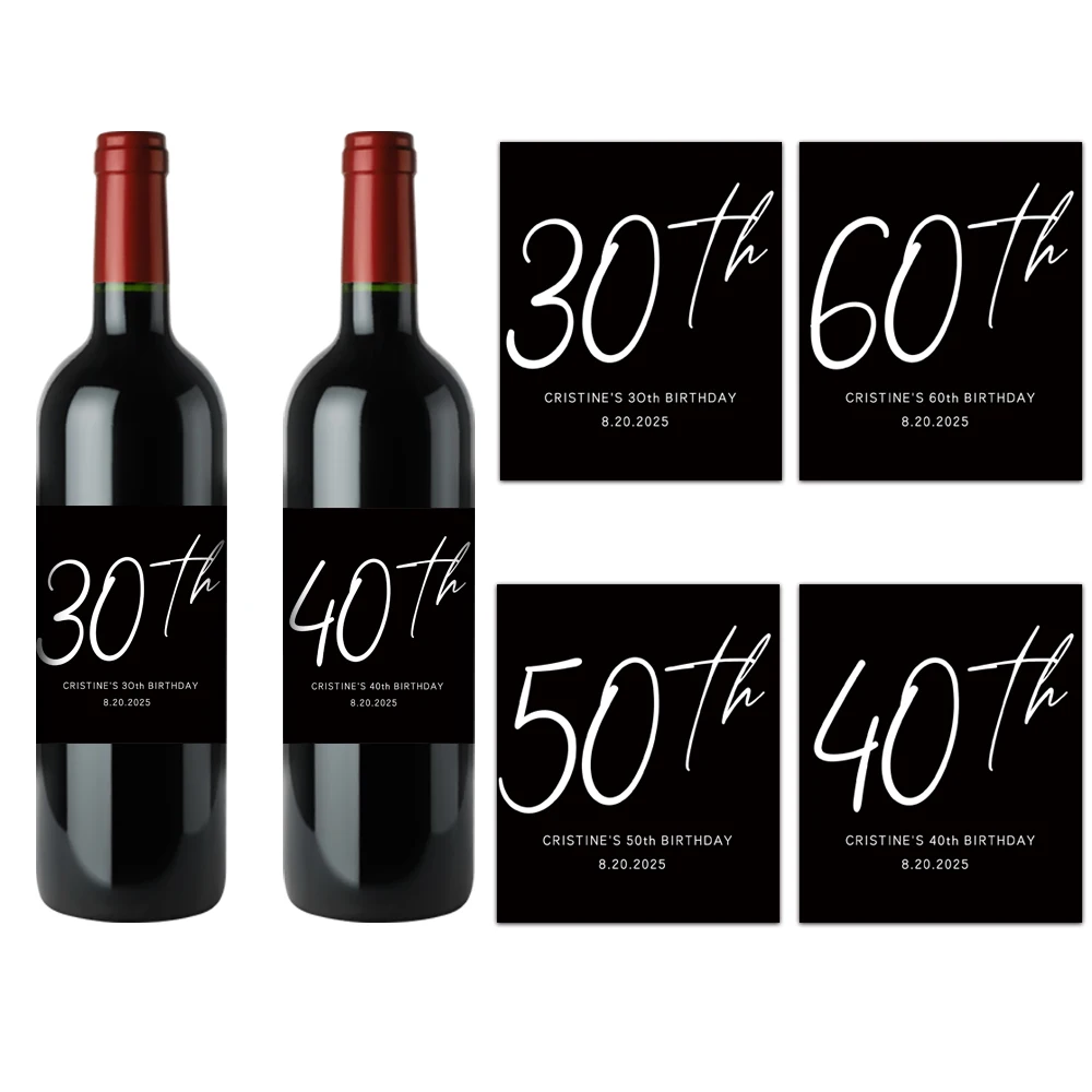 Customize 30, 40, 50, 60th birthday party name and age Party wine bottle stickers, party wine milk and beverage stickers