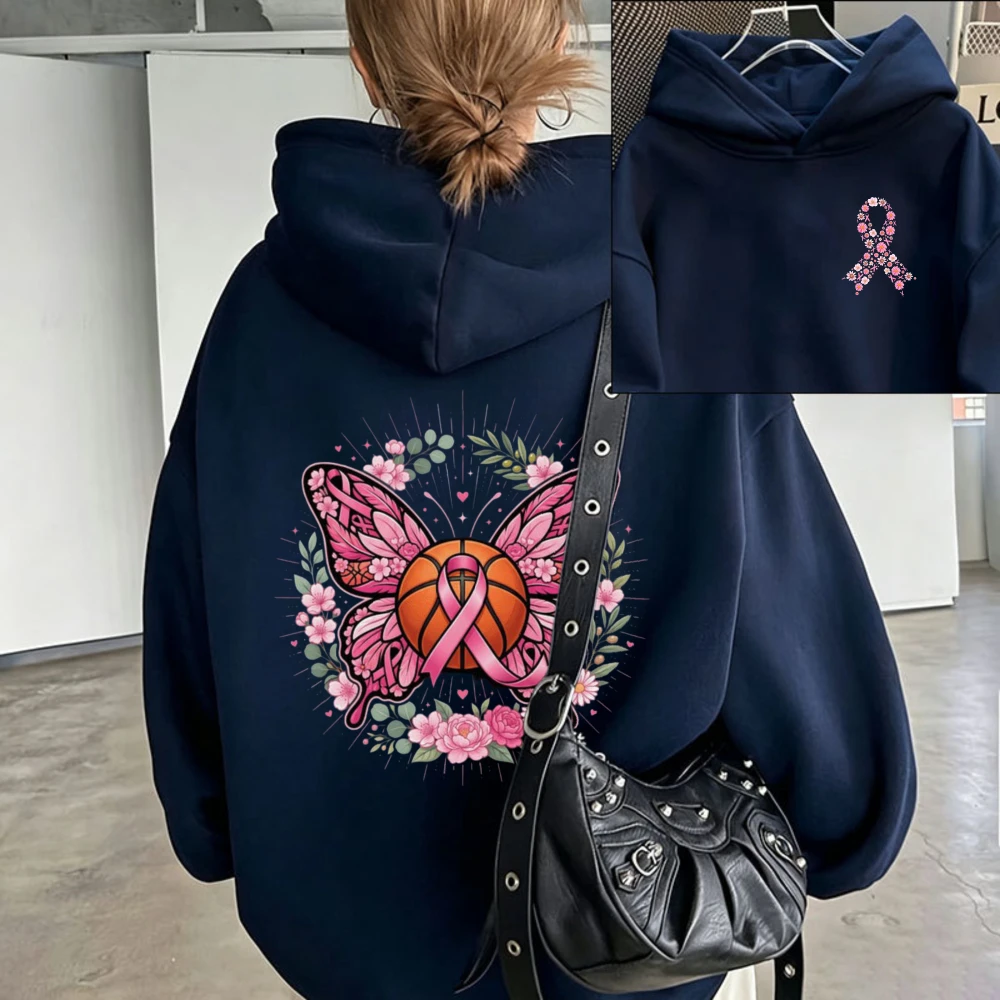 Women Pink Butterfly Basketball Print Hoodie Oversized Casual Pullover Hooded Sweatshirt Breast Cancer Game Day Support Hoody