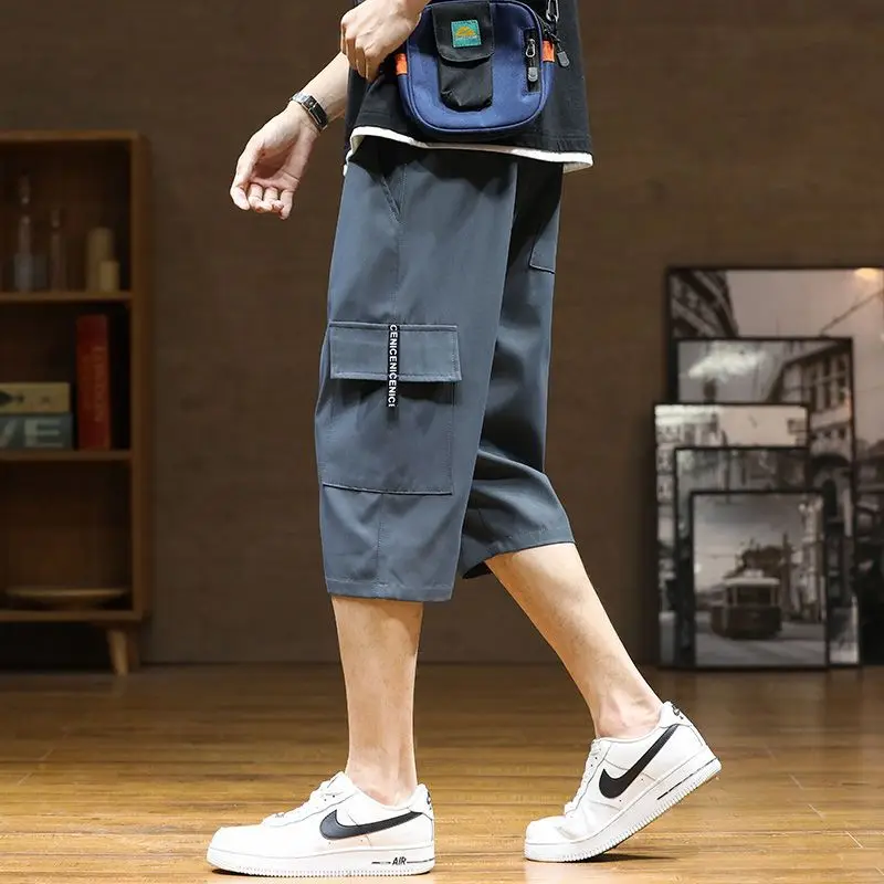 Summer Casual Fashion Simple Loose Thin Ice Silk Cargo Shorts Men New Solid Elastic Waist Drawstring Sports Straight Short Pants