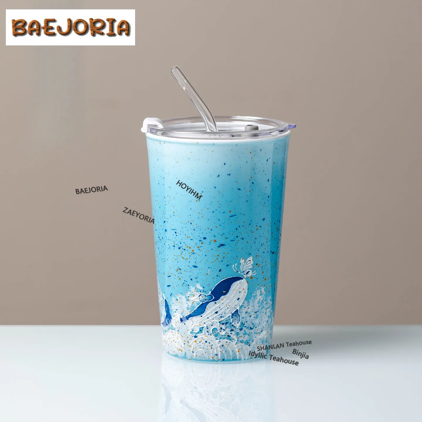 BAEJORIA 700ml Hand-painted Whale Straw Cup With Lid Ceramic Tumbler Large Capacity Portable Iced Coffee Water Bottle For Travel
