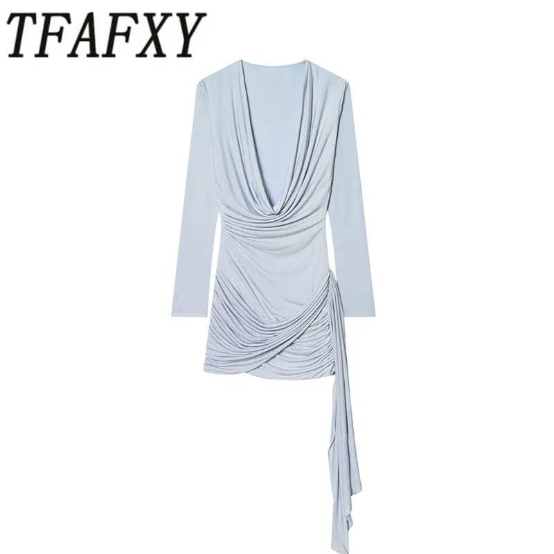 TFAFXY 2026 Frühling Sexy Damenkleid Tiefer V-Ausschnitt Schnürung Langarm Plissiert Schlankes Party Kurzes Minikleid