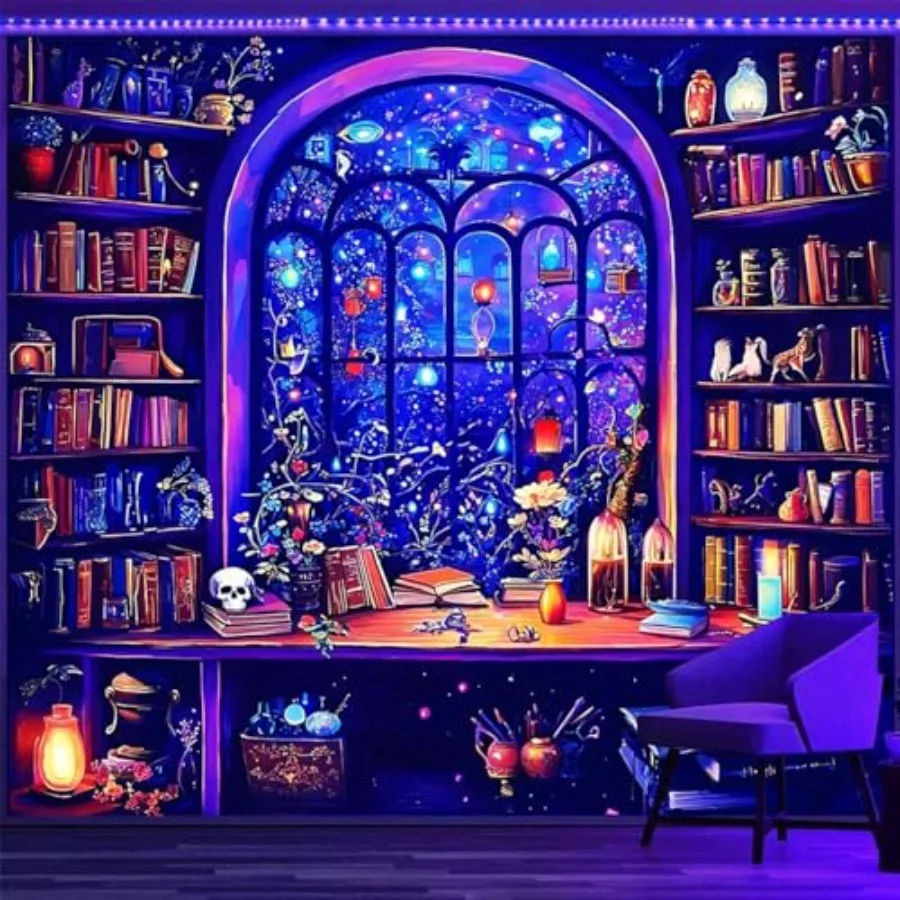 

Blacklight Bookshelf Tapestry UV Reactive Magic Books Tapestry Fantasy Library Skull Tapestries Gothic Magical Potion Bottle Wa