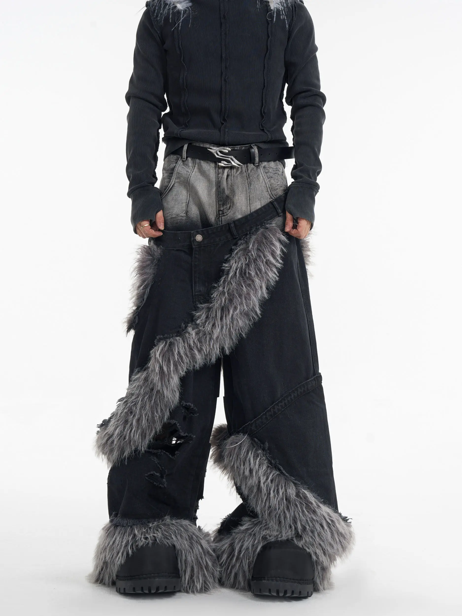 

Trendy Men's Winter Denim Jeans Faux Two-Piece Double Waist Hair Fur Splicing Hole Dragging Pants Warm High Waist Straight Leg
