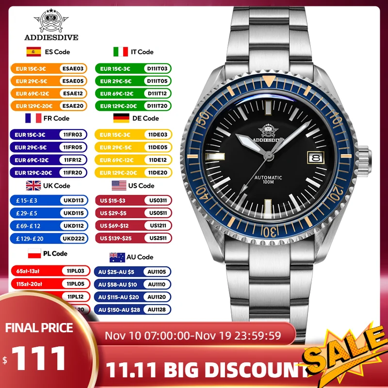 

ADDIESDIVE автоматические часы с сапфировым стеклом для мужчин, светящиеся аналоговые часы для отдыха, механические наручные часы из нержавеющей стали NH35A