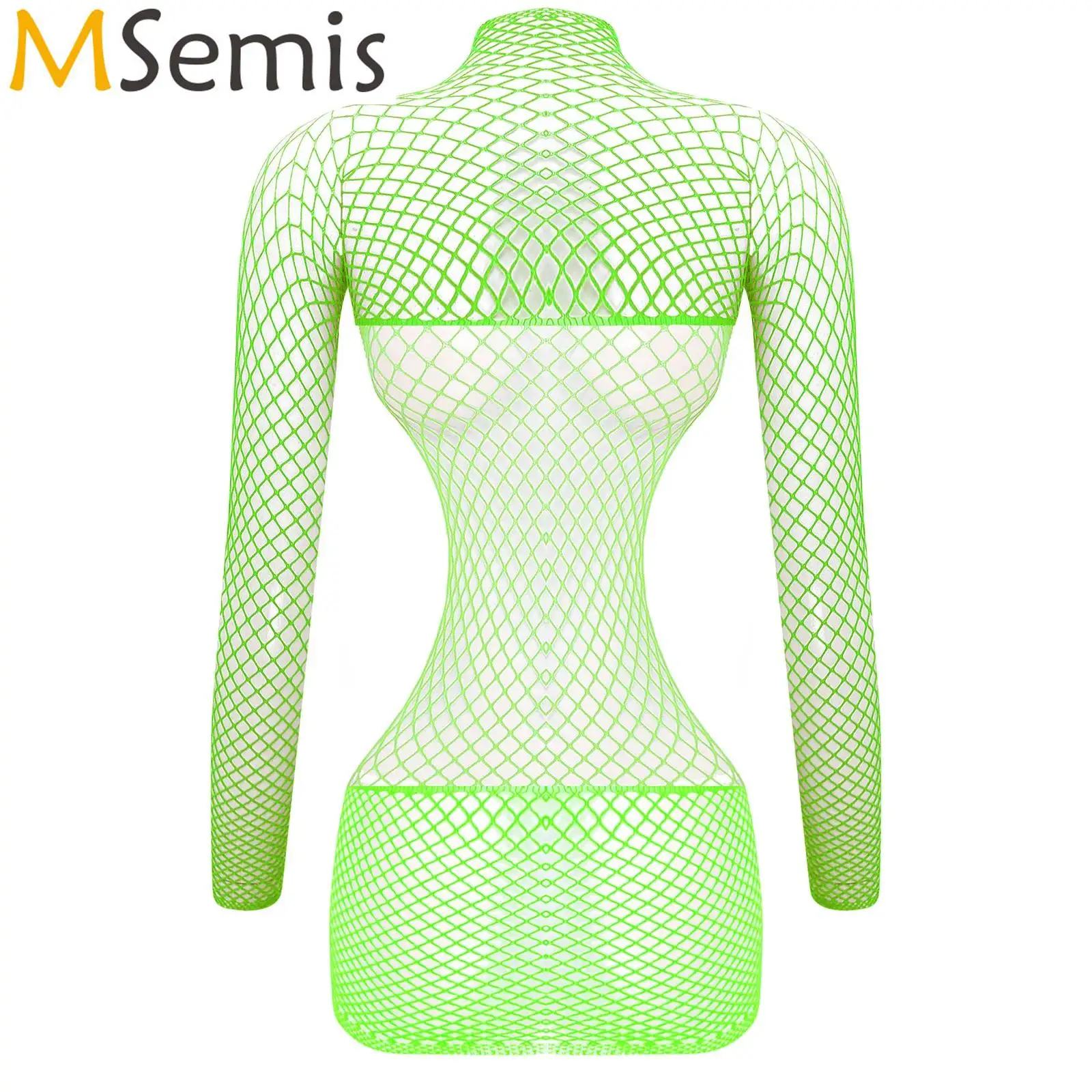 Womens See Through Fishnet Lingerie Dress Long Sleeve Backless Stretchy Transparents Bodycon Dress Swimsuit Bikini Cover Up