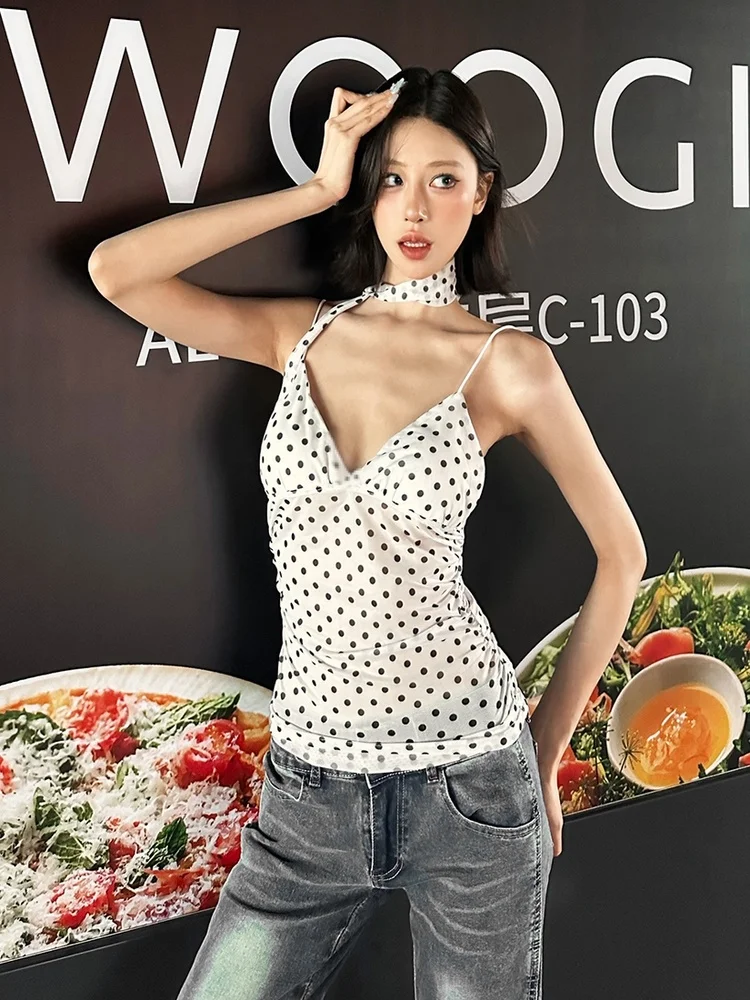 WEIRD PUSS Romantic Polka Dot Print Semi-Transparent ter Top Women Sli Spicy Girl Versatile Top Trendy ort Sve