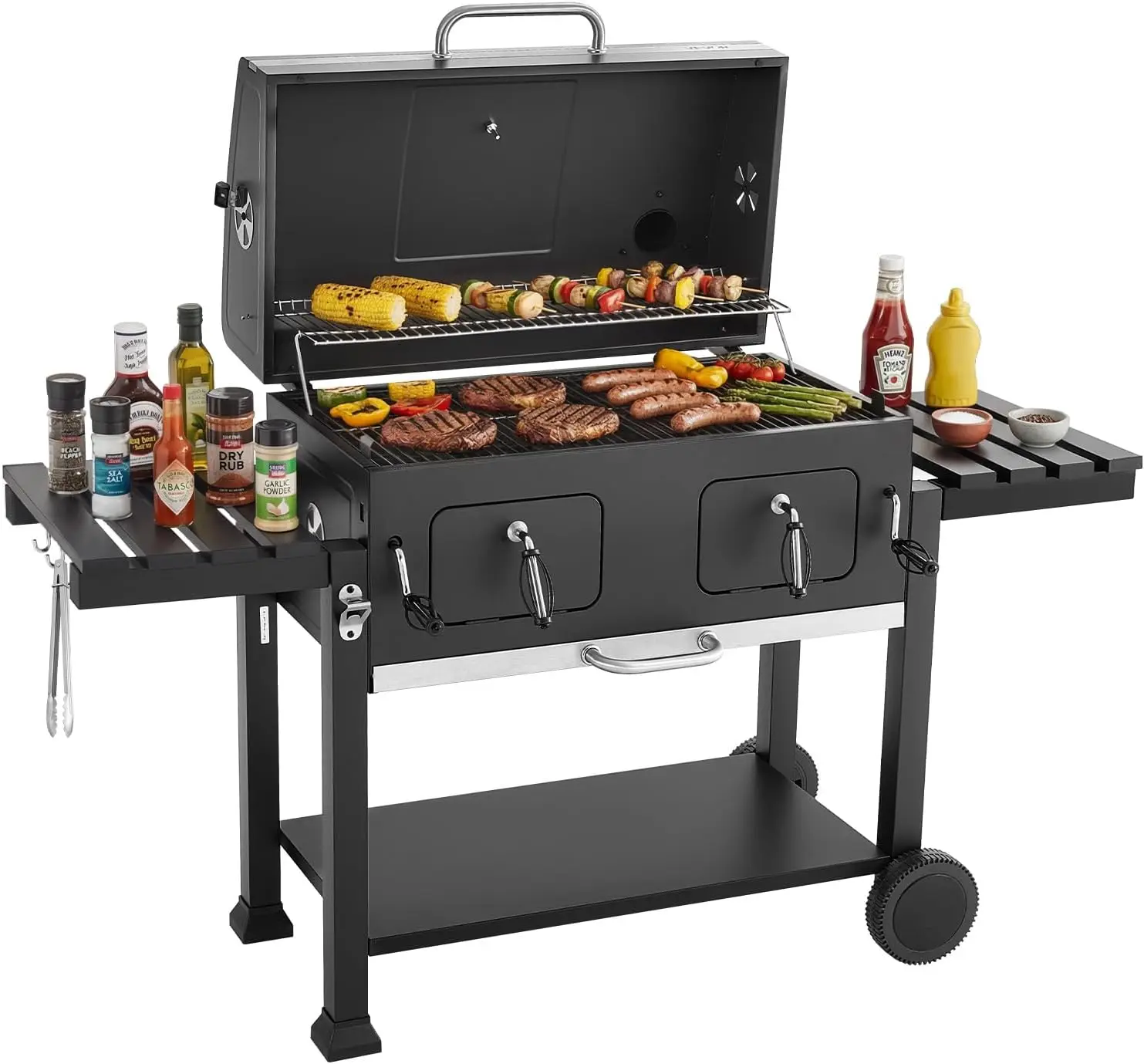 Parrilla de carbón VEVOR, 780 pulgadas cuadradas. Parrilla de carbón extra grande con 2 bandejas de carbón elevables y mesas laterales plegables, de alta calidad
