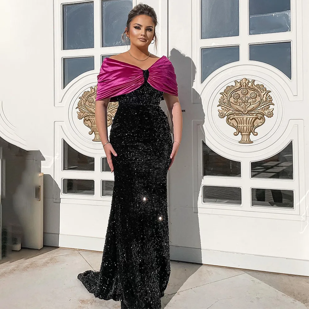 

Glitter Sequined Evening Dresses for Women 2023 Off the Shoulder Mermaid Gowns Long Black Trumpet Formal Prom Party Gown