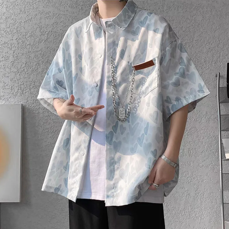 Hiphop Kettingen Korte Mouwen Shirt Dagelijks Mannen Oversized Blouses Hete Zomer Love Print Mode Streetwear Tieners Kleding