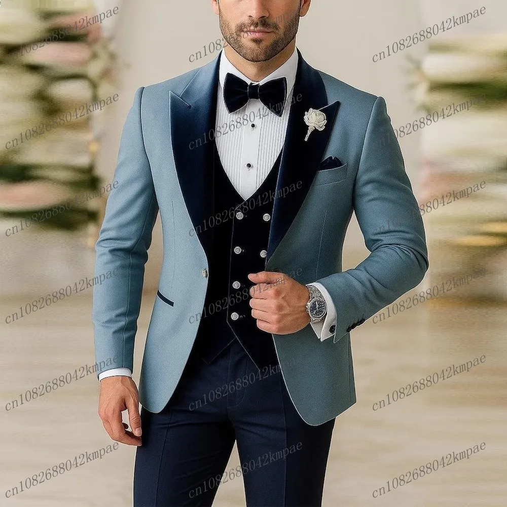 

Blue And Navy Blue Formal Men Suit Groom Groomsman Wedding Party Prom Business Male Tuxedos 3 Piece Set Blazer Vest Pants