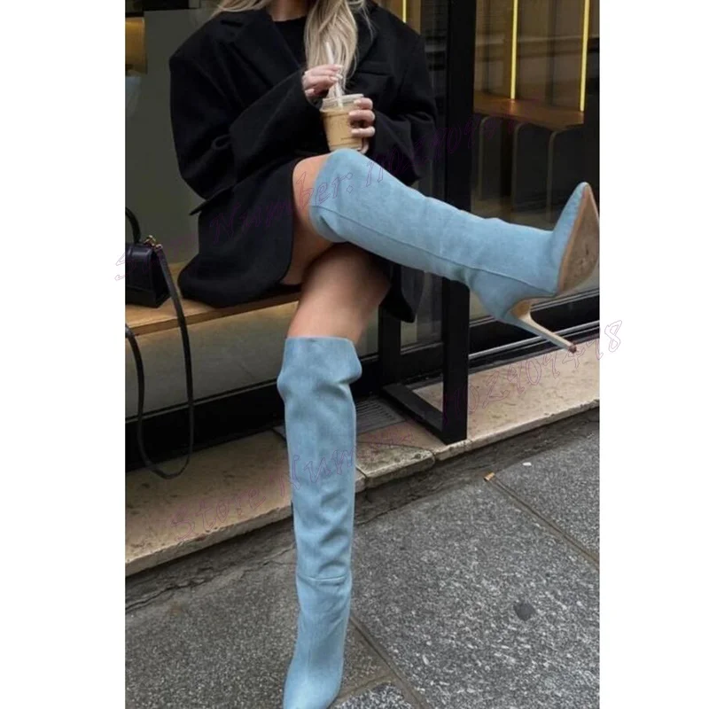 Blue Denim Knee High Boots Pointed Toe Shoes for Women Stilettos High Heels Evening Party Shoes 2024 Zapatos Para Mujere