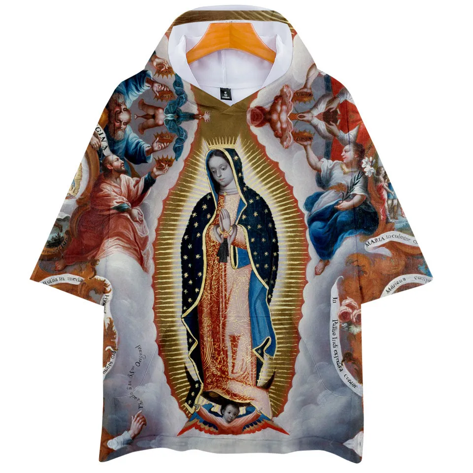 تي شيرت نسائي وعذراء ثلاثي الأبعاد للرجال والنساء ، تي شيرت بيسبول ، سيدة غوادالوبي ، بغطاء رأس ، صيفي