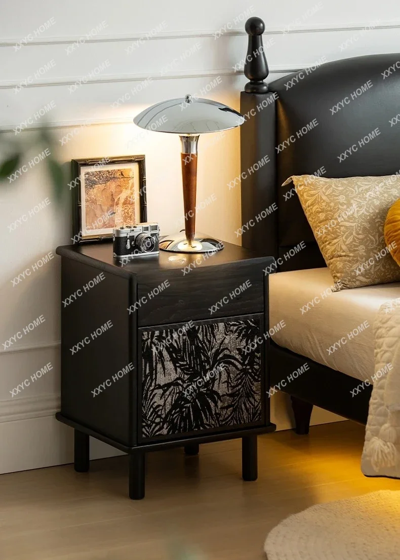 Retro style solid wood bedside table, black, small bedroom locker