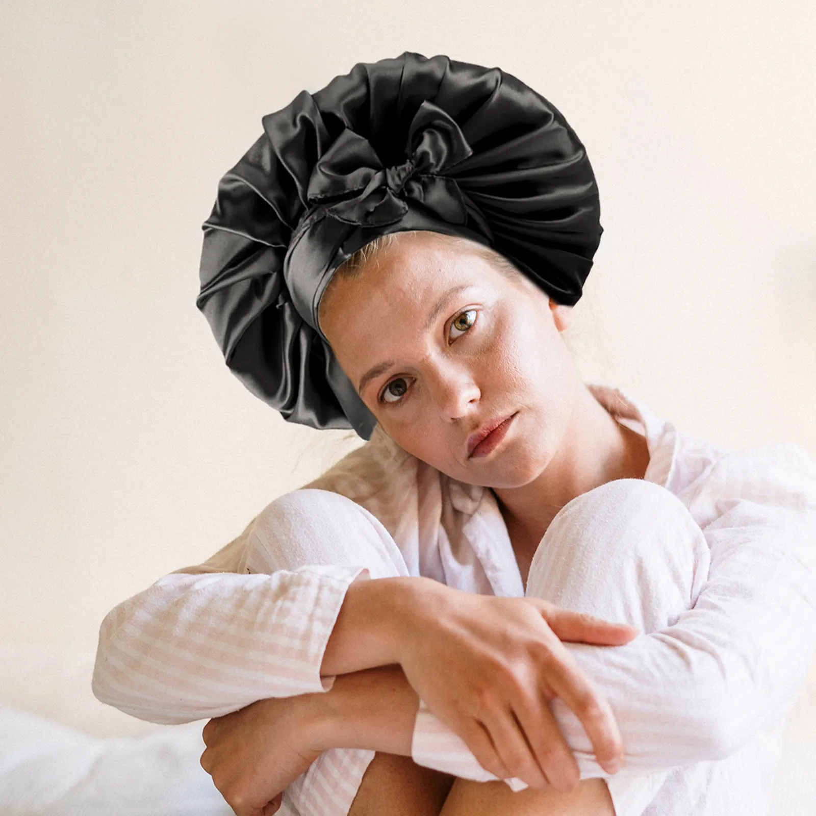 

Comfortable Jumbo Sleep Hat Premium Satin Bonnet for Long Short Thick Thin Hair Home Winter Air-Conditioned Room Use Sleep