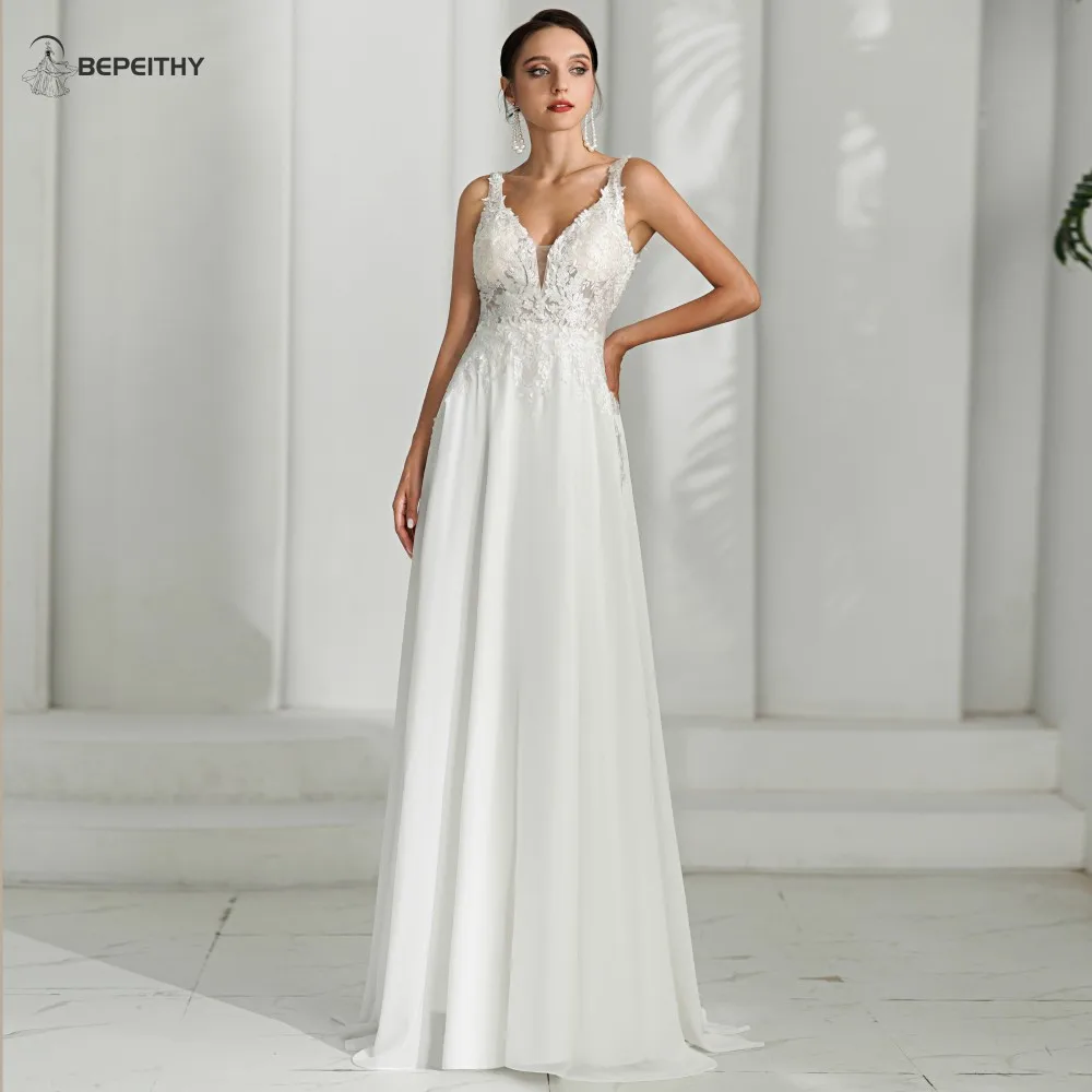 BEPEITHY Customized Ivory Beach Wedding Dresses For Bride Women Chiffon Boho Open Back Sexy Bridal Gown Vestidos De Novia New