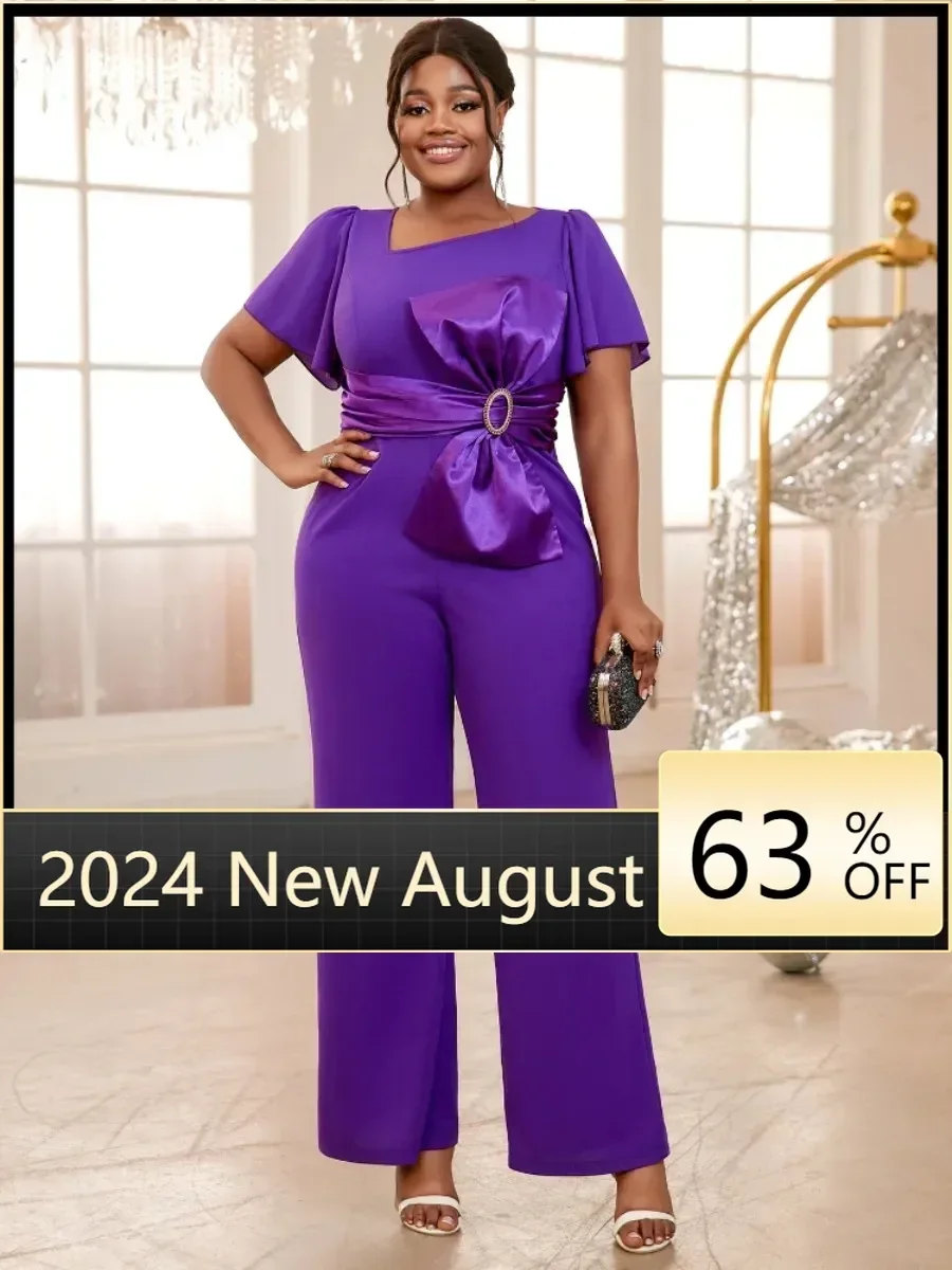 

Purple Graceful Jumpsuits for Women Asymmetrical Neck Ruffles Sleeves Patchwork Bow Rompers Fashion Office Lady One Piece Outfit