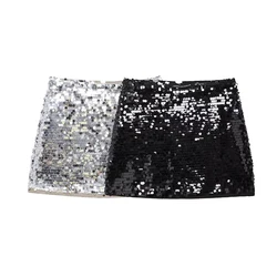 Willshela Women Fashion With Sequined Back Zipper Mini Skirt Vintage High Waist Female Chic Lady Skirts