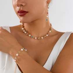 KunJoe Luxury Shinny Colorful Rhinestone Short Necklace Bracelet Earrings Women Imitation Pearl Choker Christmases Jewelry Set