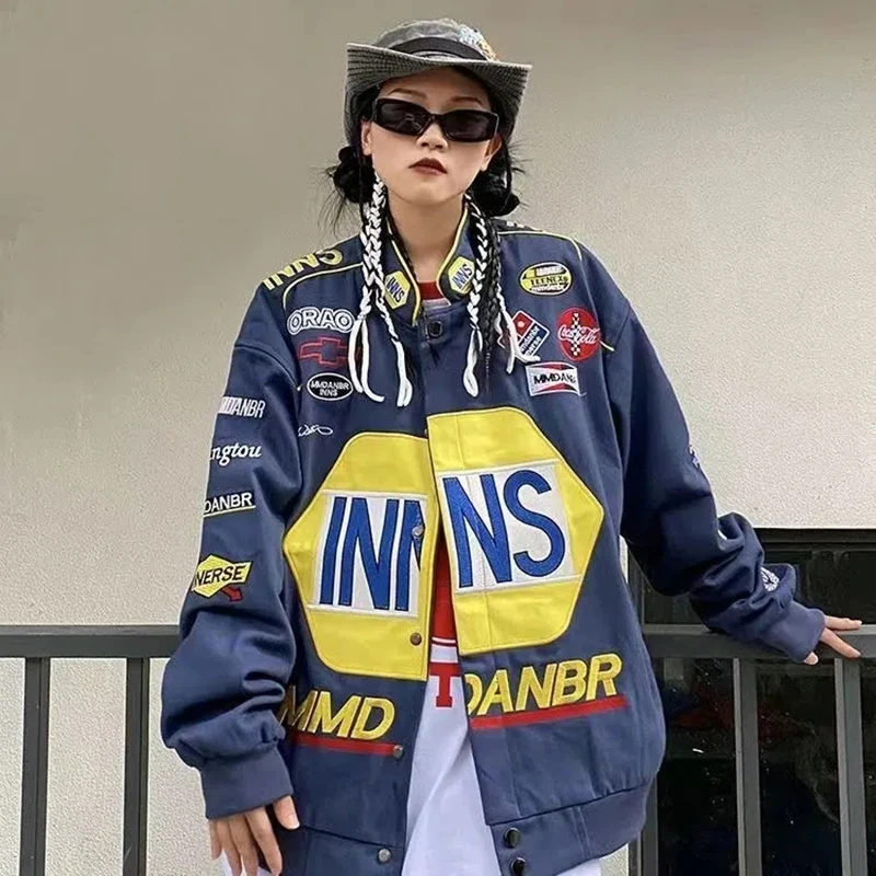 Unisex American Stickerei Bombers Mantel Frühling Herbst Hip Hop High Street Langarm Top Bomber Varsity Racing Frau Jacke