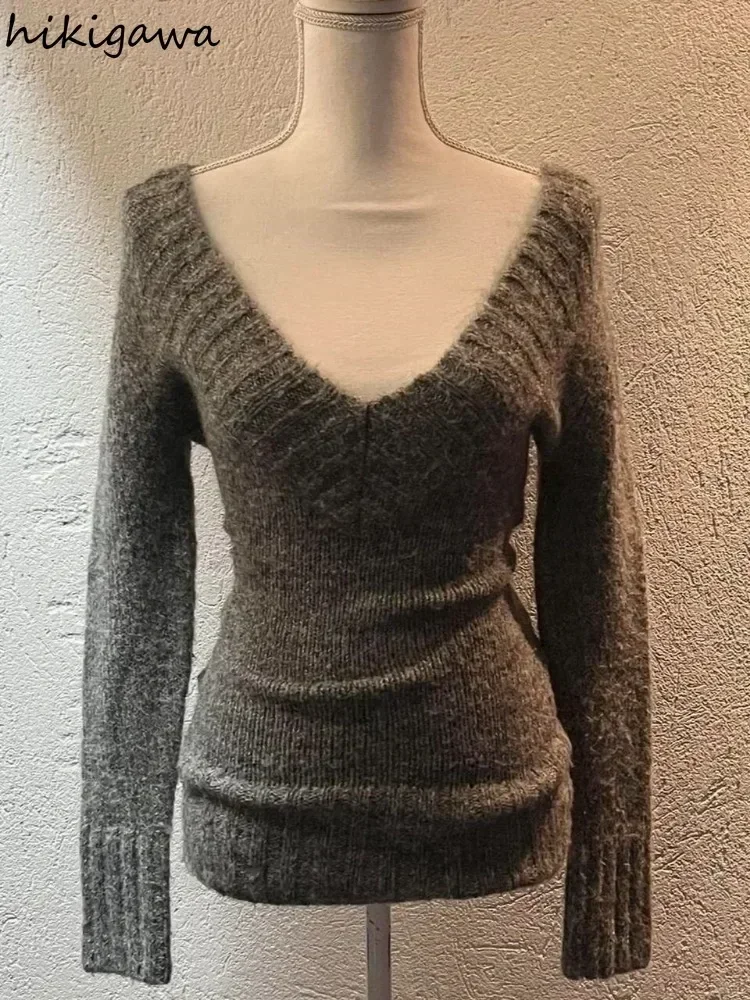 Pulôveres para mulheres outono inverno roupas sueter mujer com decote em v manga longa jumper de malha y2k camisola topos casual chique pull femme