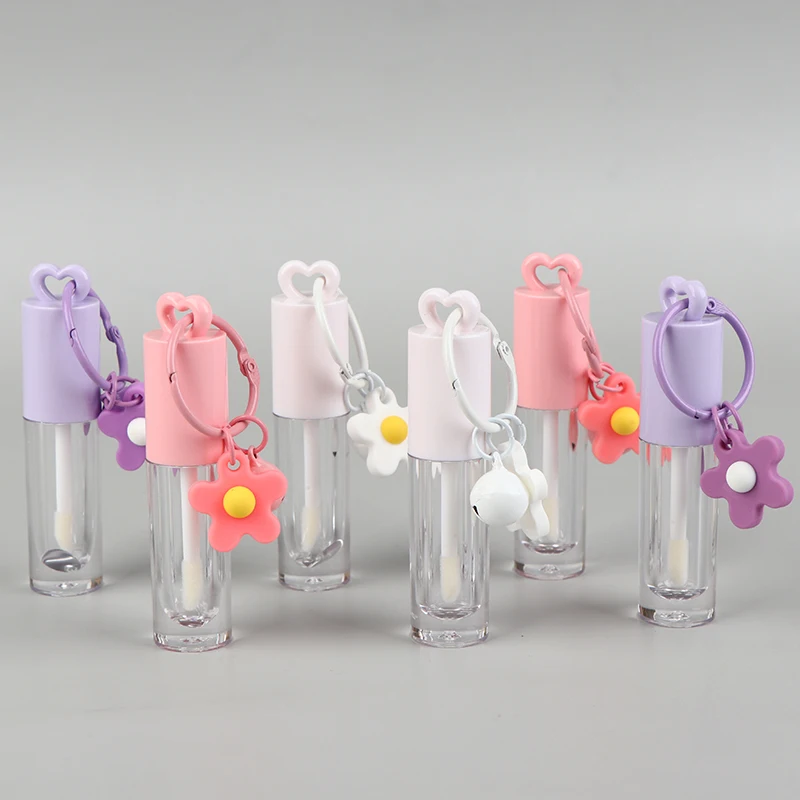 2.5ml Pink Heart-shaped Lip Enamel Tube With Keychain And Brush Rod Lip Gloss Tube Empty Bottle Lips Glaze Container Makeup Tool