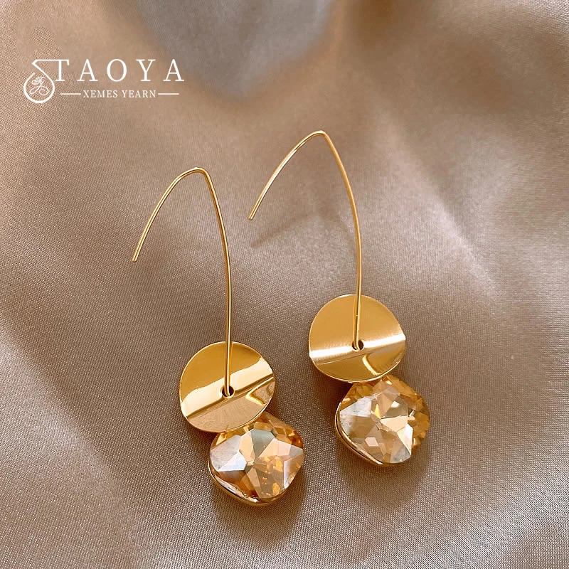 

Длинные металлические серьги-подвески золотого цвета с изогнутым крючком, серьги-подвески с цирконием цвета шампанского на 2025 год, новый дизайн, ювелирные изделия, женские темпераментные аксессуары