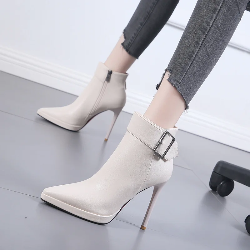 Women Thin High Heel Ankle Boots Fashion Zipper Boots Comfort Pointed Toe Buckle Fall Winter Women Boots Black Platform Shoes